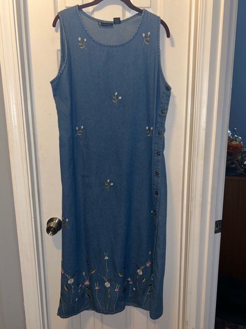 Vtg Citi-Craze Jumper Womens L Side Button Floral Embroidered Denim Granny Dress